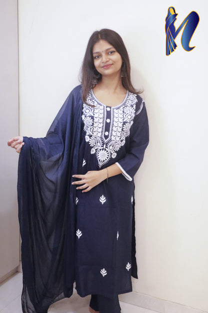 Lucknowi Kurta Set - Navy Blue