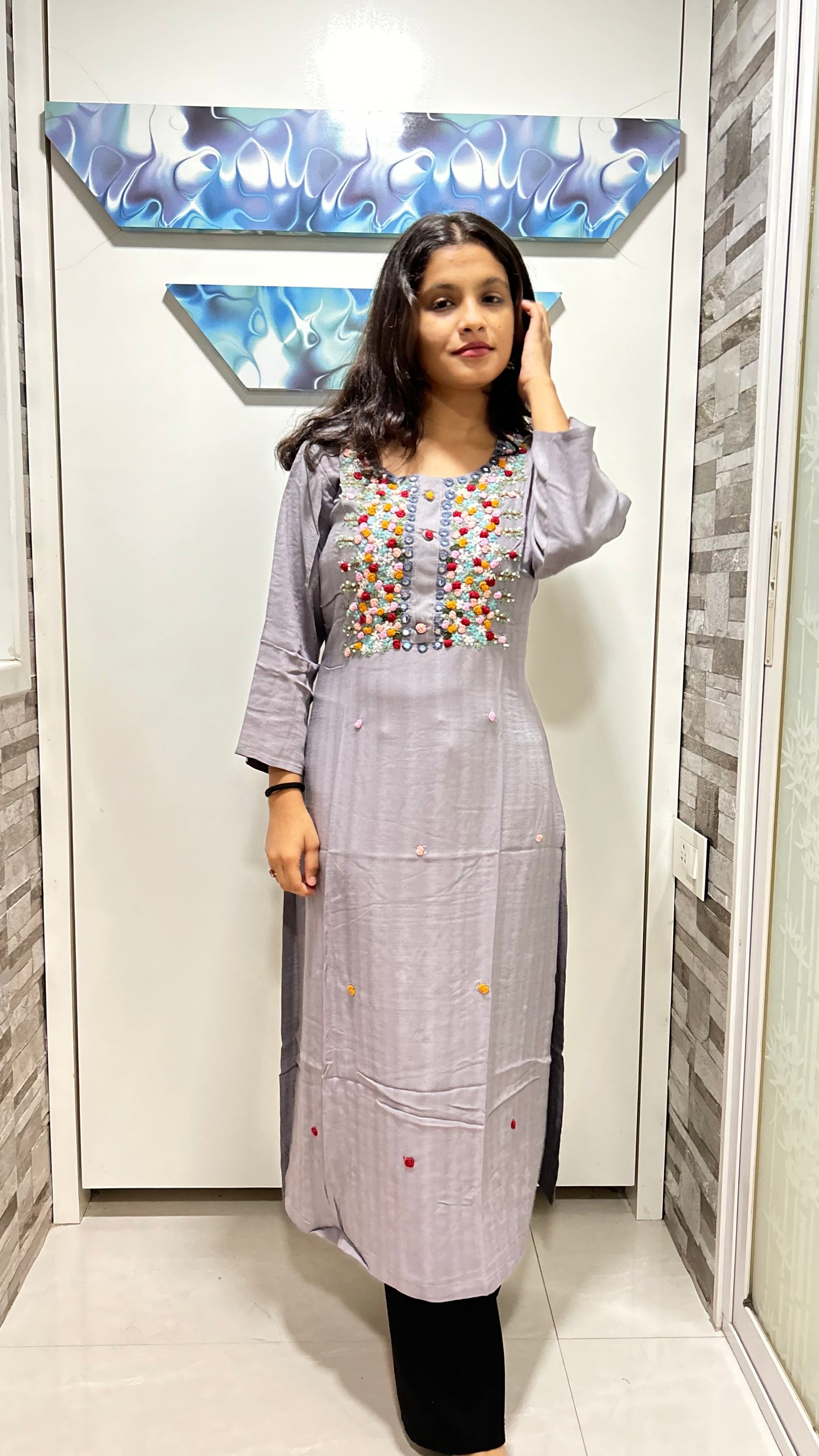 Cotton Full Length Kurti - Grey