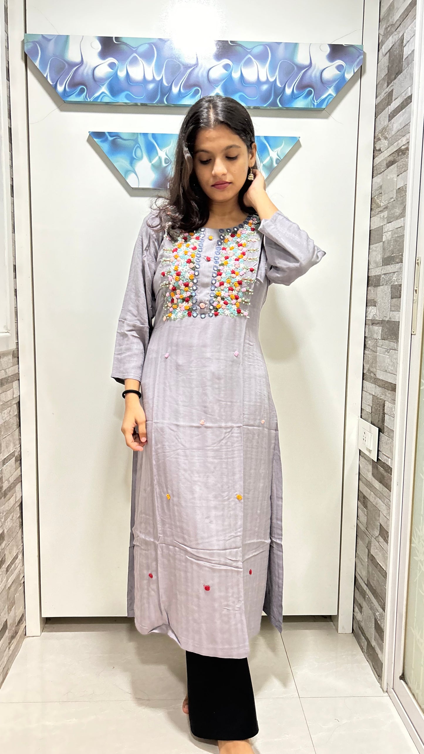 Cotton Full Length Kurti - Grey