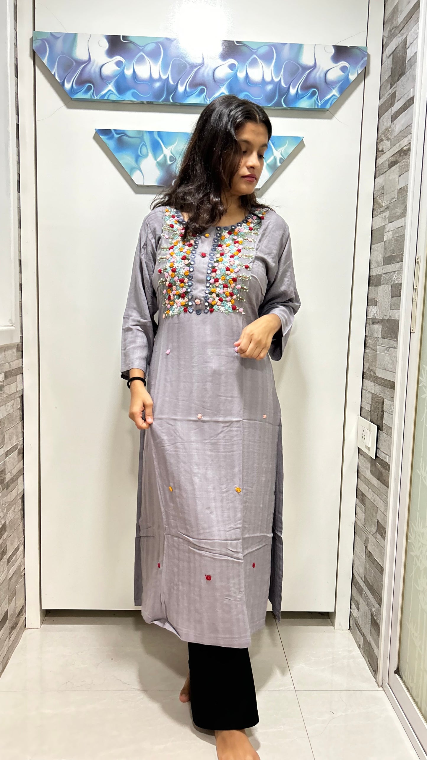 Cotton Full Length Kurti - Grey