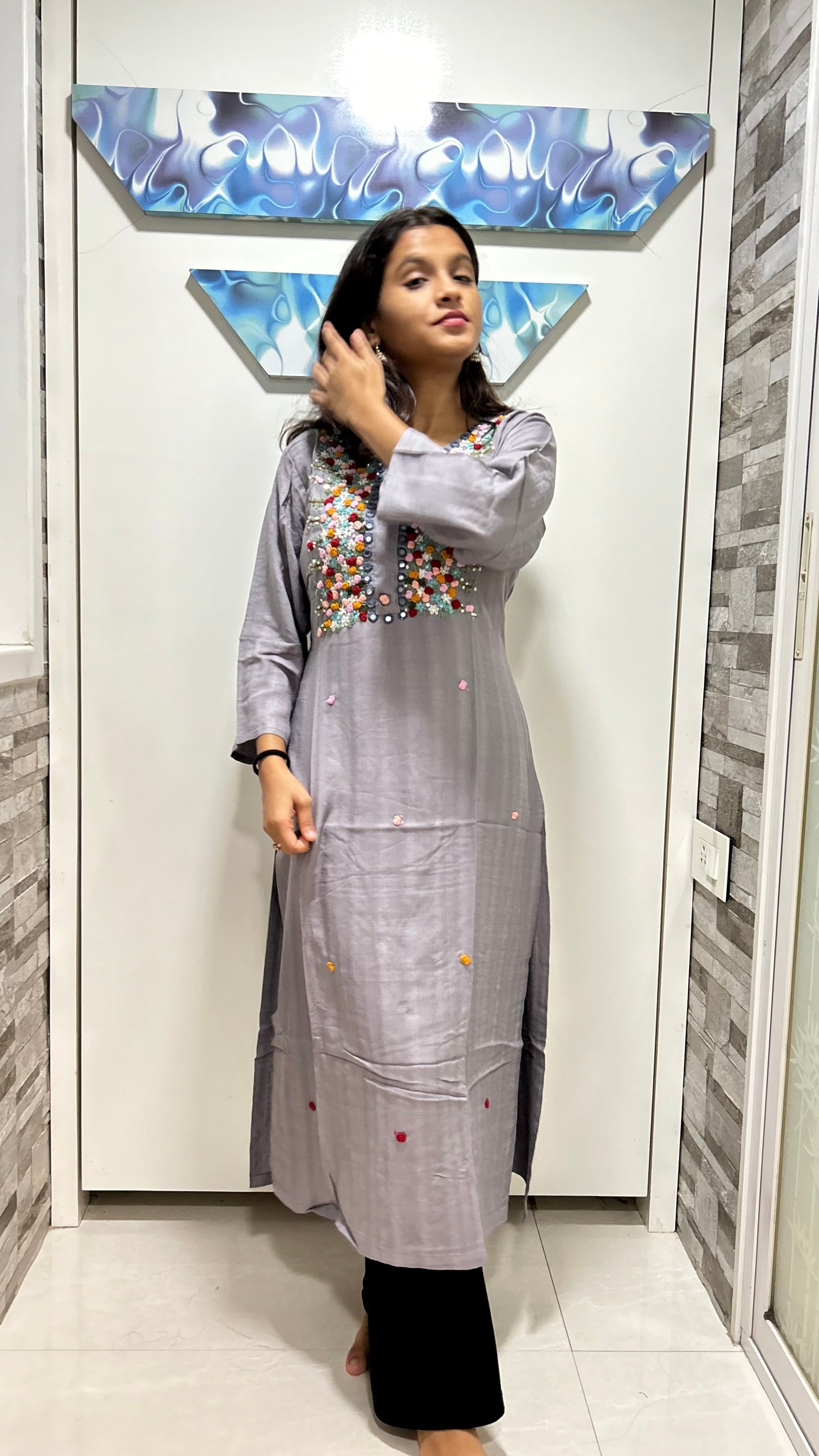 Cotton Full Length Kurti - Grey