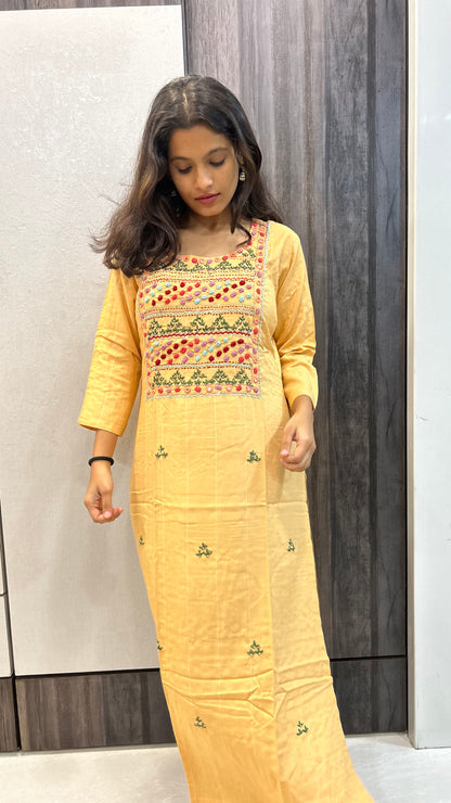 Cotton Full Length Kurti - Yellow