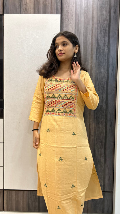 Cotton Full Length Kurti - Yellow